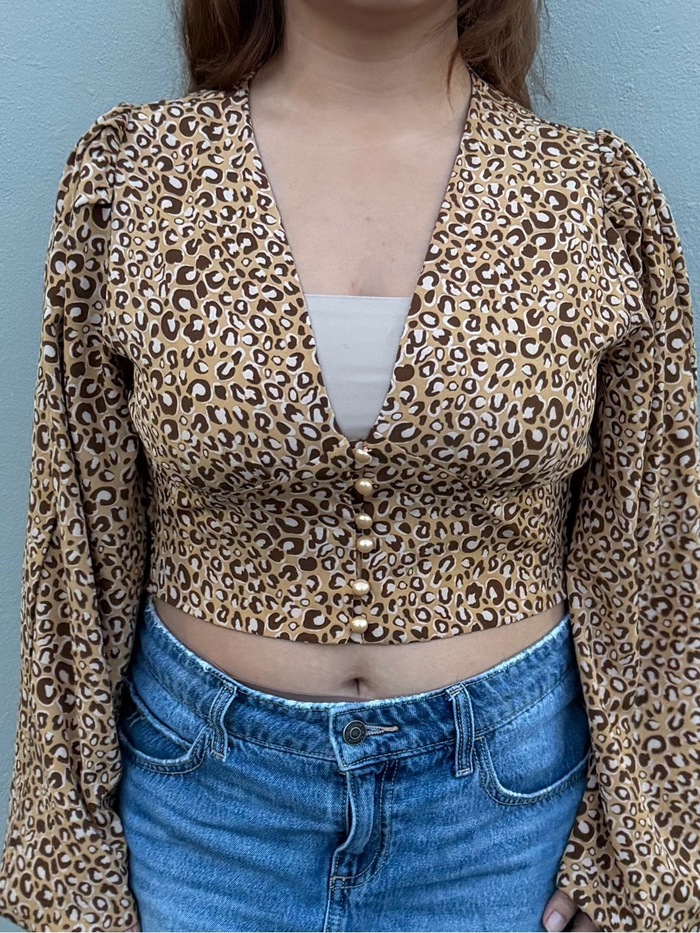 Vintage Leopard Print V-Neck Crop Top - Brown
